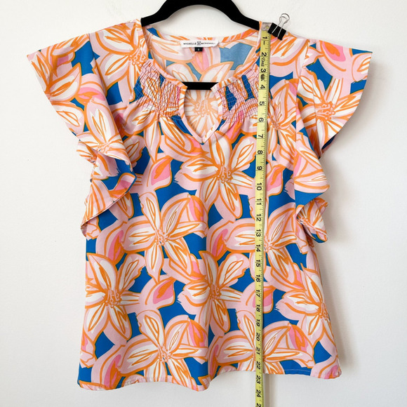Michelle McDowell Tropical Floral Print Flutter Sleeve Notch Neck Top Resortwear - Picture 7 of 10